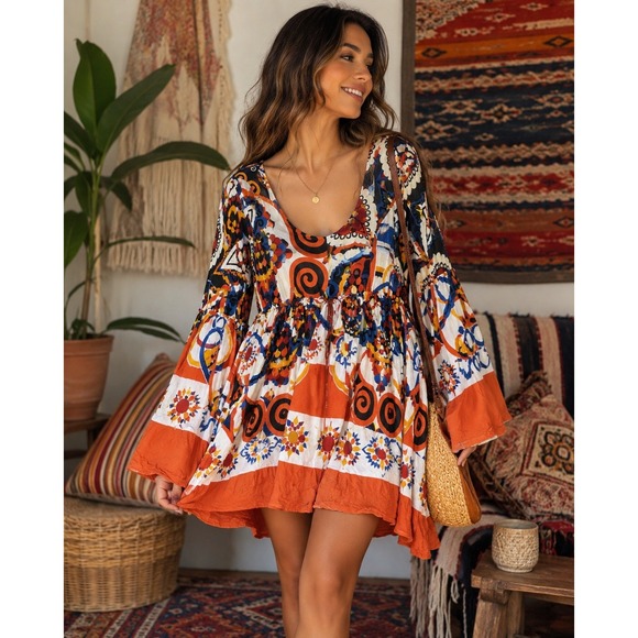 Dresses & Skirts - Pitanga Dress Womens M Multicolor Tiered Mini Long Sleeve Boho Chic Casual